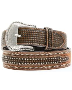 Cody James Men's Brown Hair-On Basketweave Studded Leather Belt